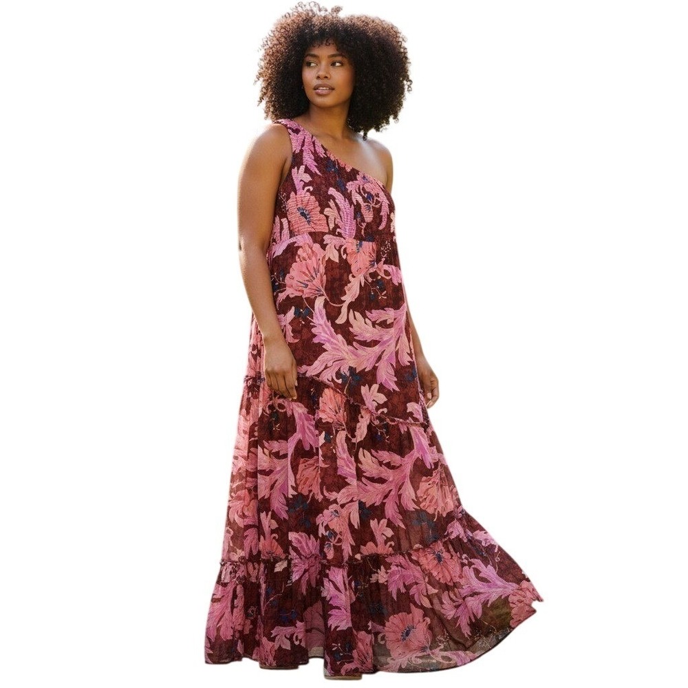 Soma WKND XL Pink‎ Burgundy Floral Mesh One Shoulder Smocked Tiered Maxi Dress